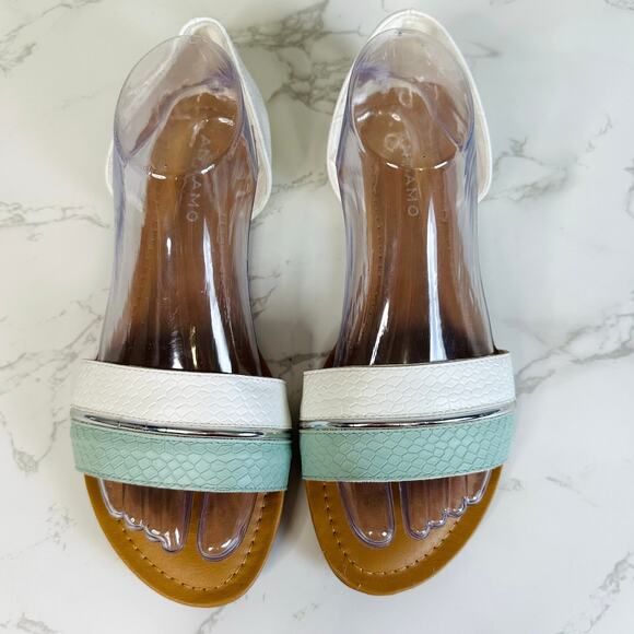 Andiamo Sandal White Sea Foam Green Women 8.5M Snake Pattern Slip On Flats Strap - Picture 2 of 9